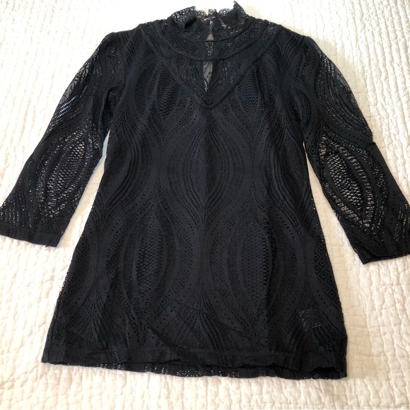 Free People Tops - Free People Black Mock Neck Lace Semi Sheer Top